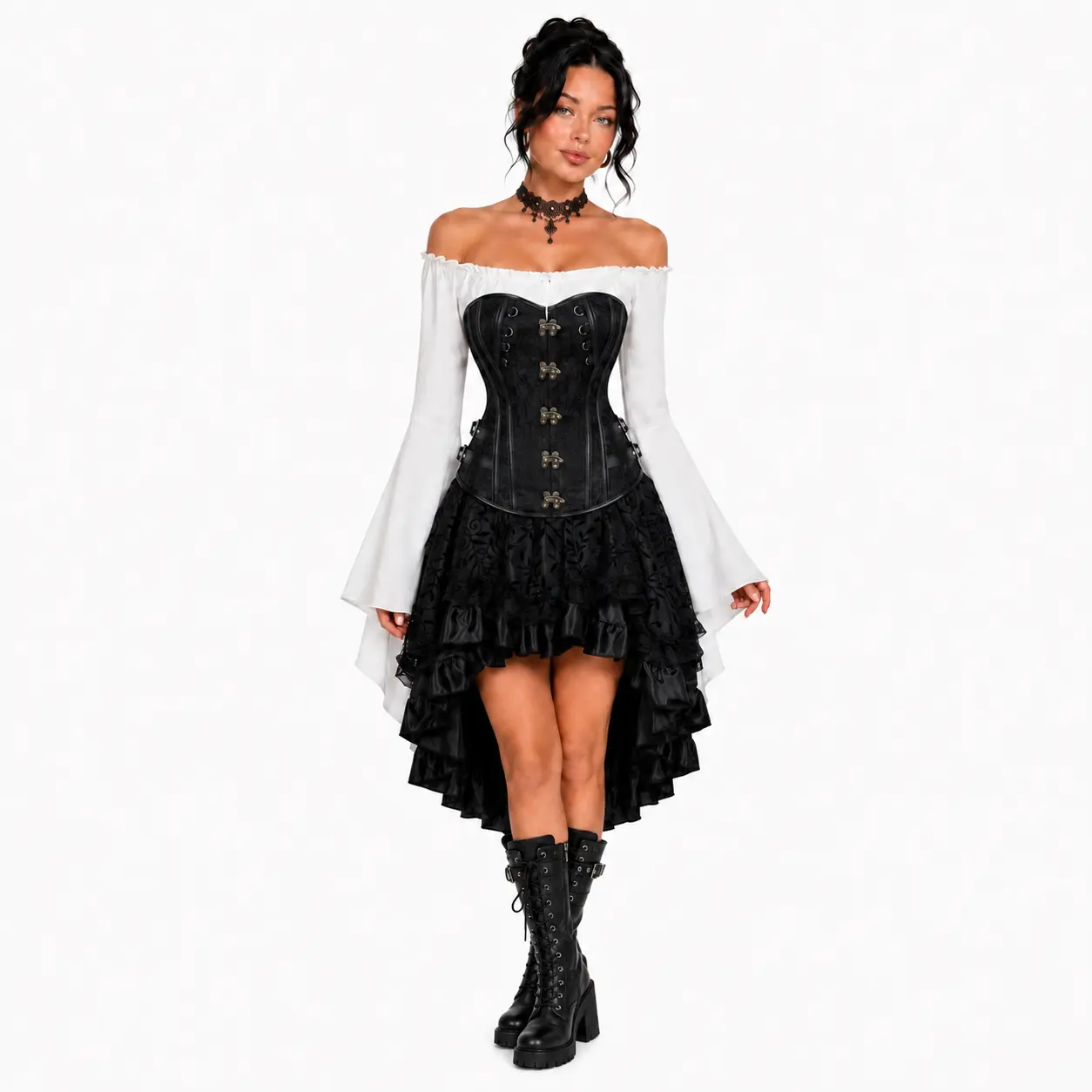 Gothic Costume Set for Women, 3-Piece Vintage Steampunk Outfit with Buckle Corset Top, Off-Shoulder Blouse, and Layered Skirt for Halloween & Cosplay Festivals, Women's Clothes, Light Goth Costume 6530+8106+7056
