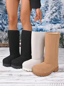 Women's Winter High-Top Snow Boots, Fashionable Suede Faux Fur Lined, Thick Rubber Sole Anti-Slip Long Booties, Casual Plain Design, Footwear