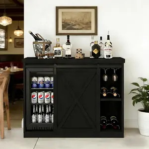 49" Farmhouse Coffee Bar Cabinet with Mini Fridge Space, Kitchen Buffet Hutch with Power Outlet, Wine Rack & Glass Holder for Dining Room