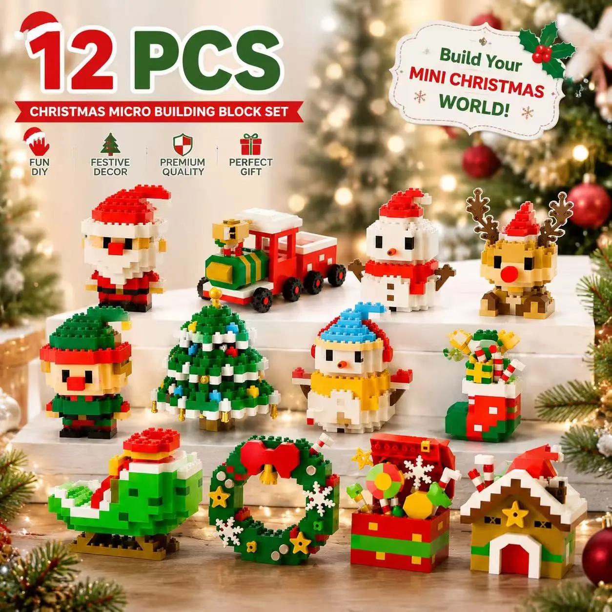 12 PCS Christmas Mini Building Blocks Set, 12 Unique Christmas Designs DIY Micro Building Blocks Kit, Collectible Holiday Decoration Toy for Kids Adults, Christmas Gift