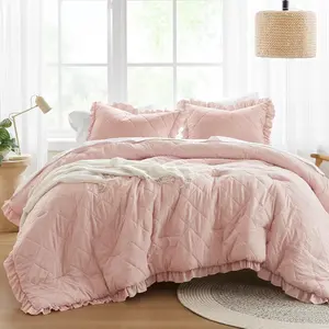 Queen Comforter Set Ruffle Comforter for Queen Size Bed, Prewashed Microfiber,, All Season Queen Bedding, Shams, Cottage, Full/Queen, Blush 3 Piece