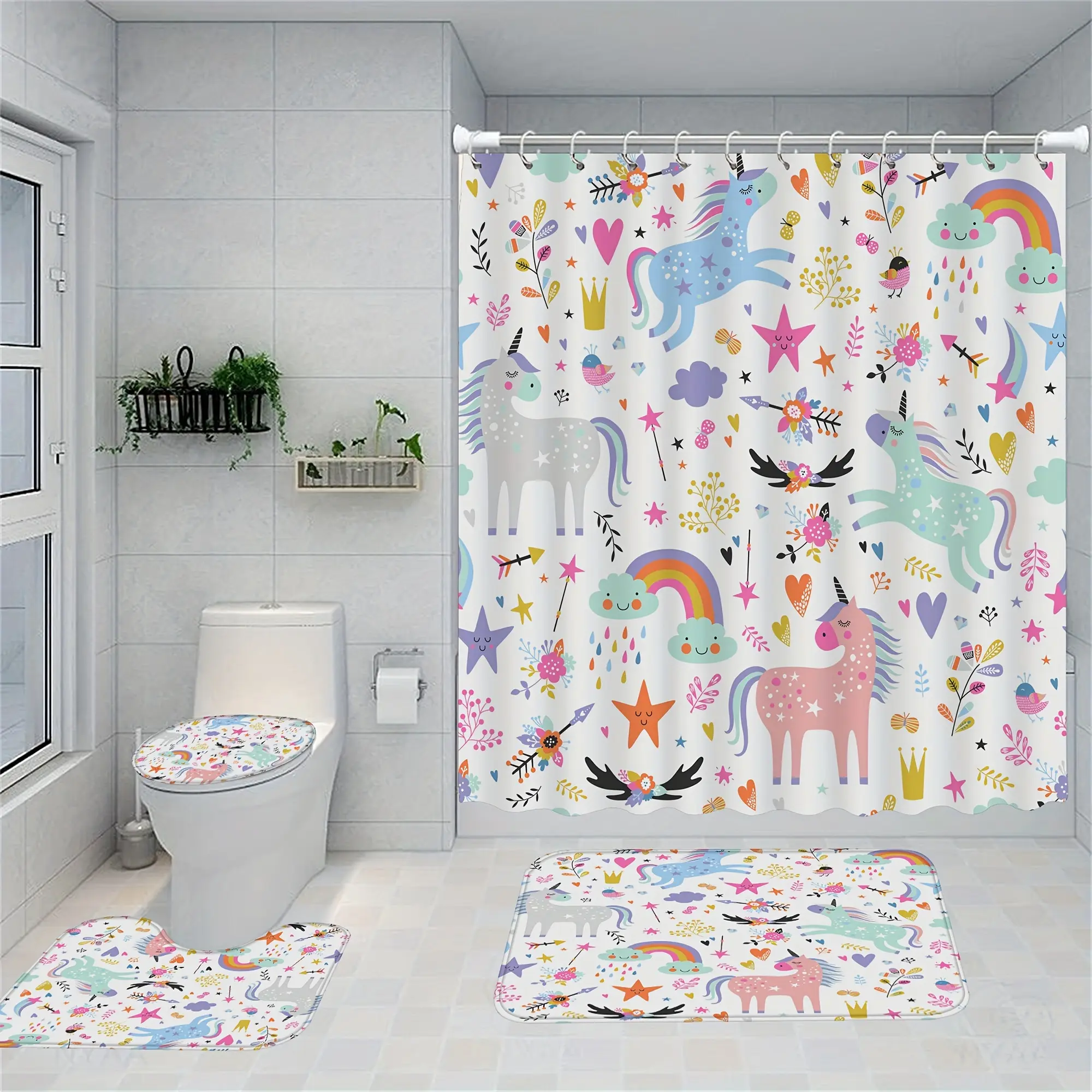 HOT 1/4pcs Waterproof Cartoon Unicorn Shower Curtain and Mat Set for Bathroom Decor
