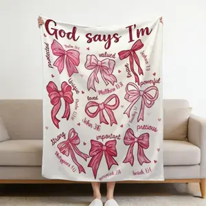 God Says I Am Inspirational Christian Blanket, Pink Bow Coquette Aesthetic Throw for Women and Teen Girls, Religious Scripture Affirmation Gift for Daughter, Soft Spiritual Encouragement Fleece for Bedroom, Cute Bible Verse Keepsake Wrap