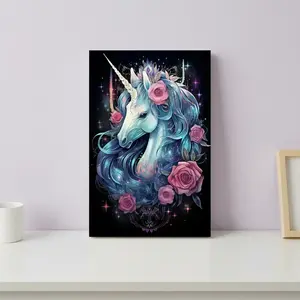 1PCS Diamond Painting Kit Unicorn with Blue Mane and Pink Roses Sparkling Rhinestone Art for Home Decor