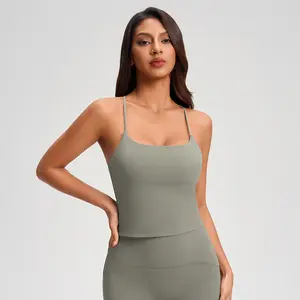 Women Crisscross Back Yoga Top, Buttery Soft Double Brushed Thin Strap Sports Bra, Square Neck Removable Pads 4-Way Stretch Breathable Workout Tank Top, Casual Athletic Activewear for Yoga Gym Pilates Running Loungewear