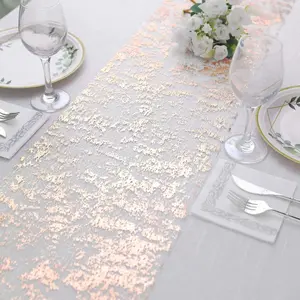 Mesh Polyester Table Runner Roll 108" Metallic Rose Gold Distressed Foil Printing - Disposable Table Decor