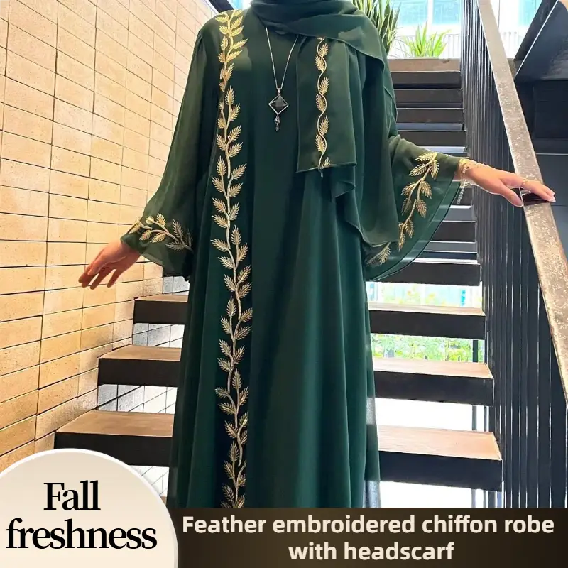 【FallFreshness】CL14-1 Unique Embroidery Design Chiffon Abaya Two Piece Set Summer Muslim Robe Modesty Maxi Formal Women Chic luxury clothes casual out