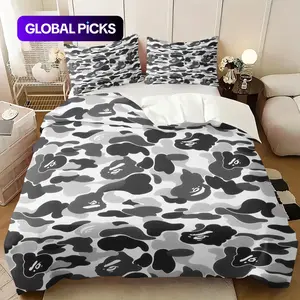 2/3Pcs Black White Ape Head Camo Duvet Cover Set, Classic Streetwear Camouflage Comforter Cover, Trendy Urban Hip Hop Bedding Set with Pillowcases, No Filler, For Teen Boys Young Men Streetwear Bedroom Apartment Decor