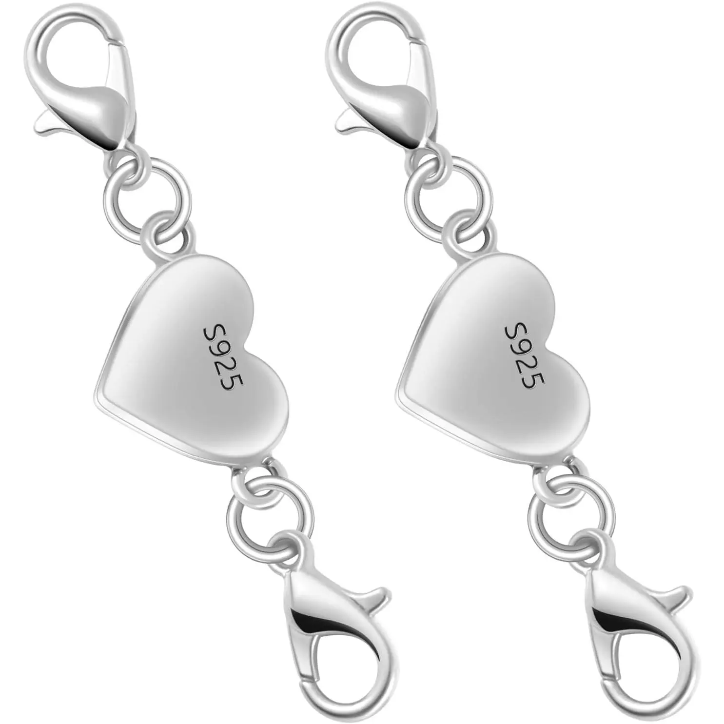 2pcs 925 Silver Heart-Shaped Magnetic Jewelry Clasps - Jewelry Making Supplies, Converter, Chain Extender Connector for Necklaces & Bracelets