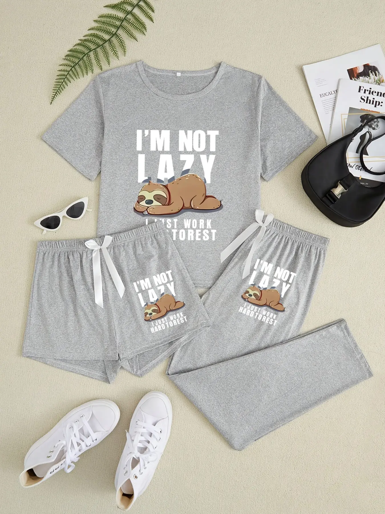 Women's Sloth Three-Piece Home Set, Cartoon Pattern, Loose-Fitting, Casual Style, All Seasons, Comfortable Sleepwear, Loungewear, Matching Pajama Set, Pajama Set