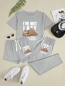 Women's Sloth Three-Piece Home Set, Cartoon Pattern, Loose-Fitting, Casual Style, All Seasons, Comfortable Sleepwear, Loungewear, Pajama Set