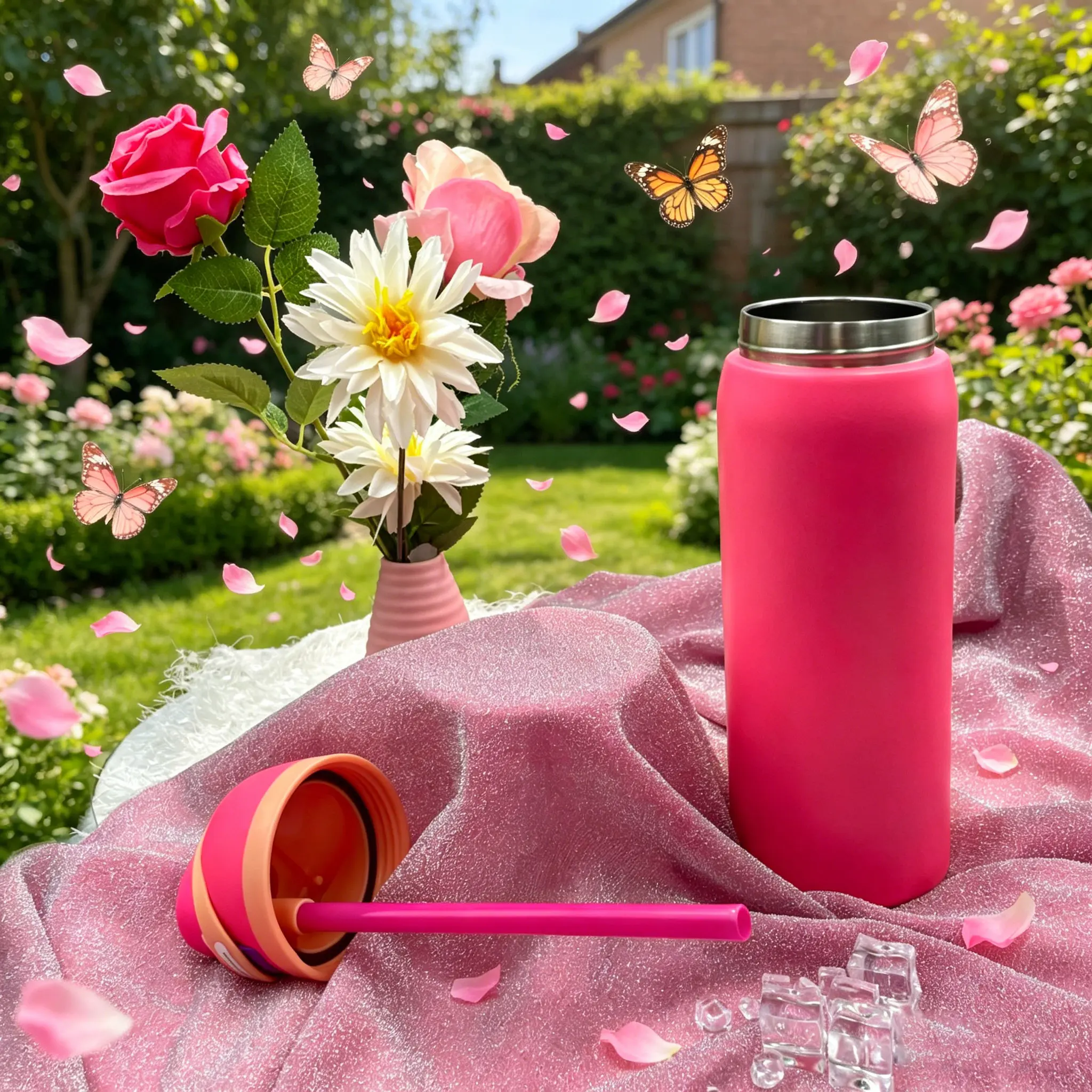 Flamingo 32Oz/945ml Stainless Steel Vacuum Insulated Portable Flask, Leak-Proof Thermo Tumbler with Clasp Lid & Straw, 8-12H Freezing for Iced Coffee, Outdoor Sports Bicycle Camping Beverage Drinkware Must-Haves