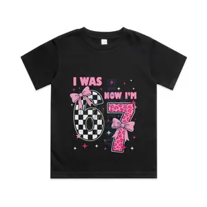 7th Birthday Girl I was 6 Now I'm 7 Coquette Bow Bday Party Cotton T-shirt, Graphic Print Round Neck Short Sleeve Casual Tee for Boys Girls Cute Cartoon Clothes