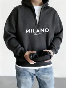 Men's Letter Pattern Print Half-Zip Sport Hoodie, Casual Sporty Hoodies, Essential Fitted Casual Hooded Sweatshirt for Fall & Winter, Casual Style H-Type