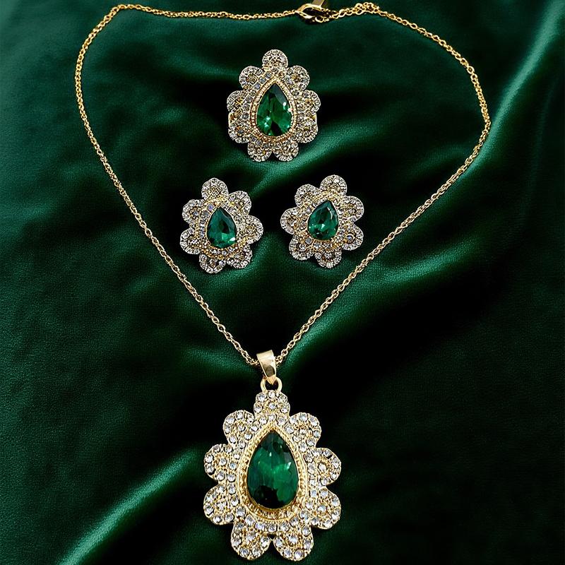 Emerald Gem de UGood, Zicron and Brass Necklace Earrings Ring Set Amplifying Aesthetic for Party Occasions, Fashion Jewelry Set
