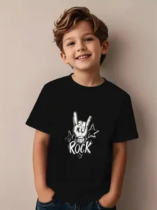Boys' Rock Band Graphic T-Shirt with Rock Hand Gestures& Music Notes- Soft Breathable Straight Cut Short Sleeve Tee for Kids 5-12 Years- Casual Summer Outdoor Wear, Machine Washable Rock Music Theme Top