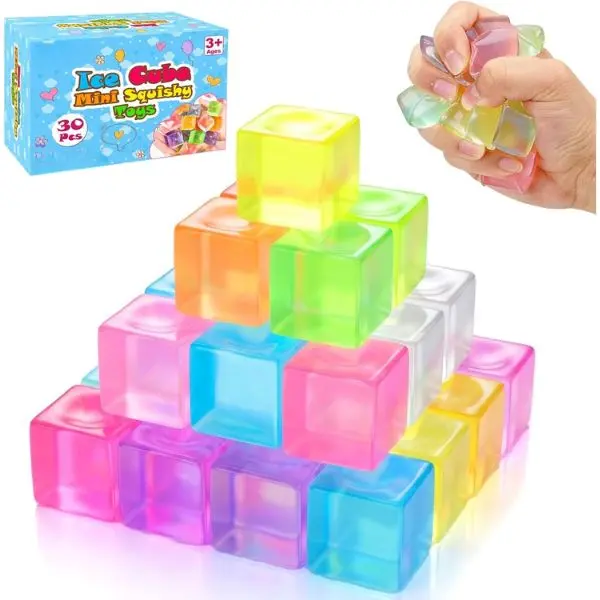 Summer Spring Gift 30 Pack Mini Ice Cube Squishy Fidget Toys for Kids and Adults, Mini Stress Cube Squeeze Toys, Square Stress Balls Sensory Toys for Anxiety Relief, Treasure Box Toys Classroom Prizes Party Favors