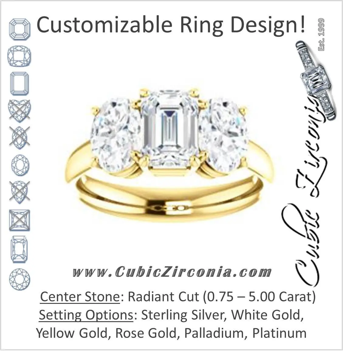 Cubic Zirconia Engagement Ring- The Rita (Customizable Radiant Cut Three-stone Style with Dual Oval Cut Accents)