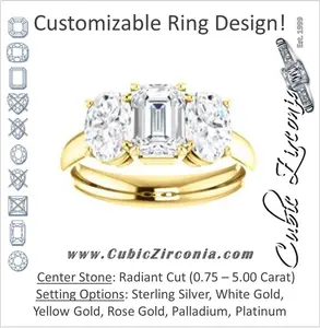Cubic Zirconia Engagement Ring- The Rita (Customizable Radiant Cut Three-stone Style with Dual Oval Cut Accents)