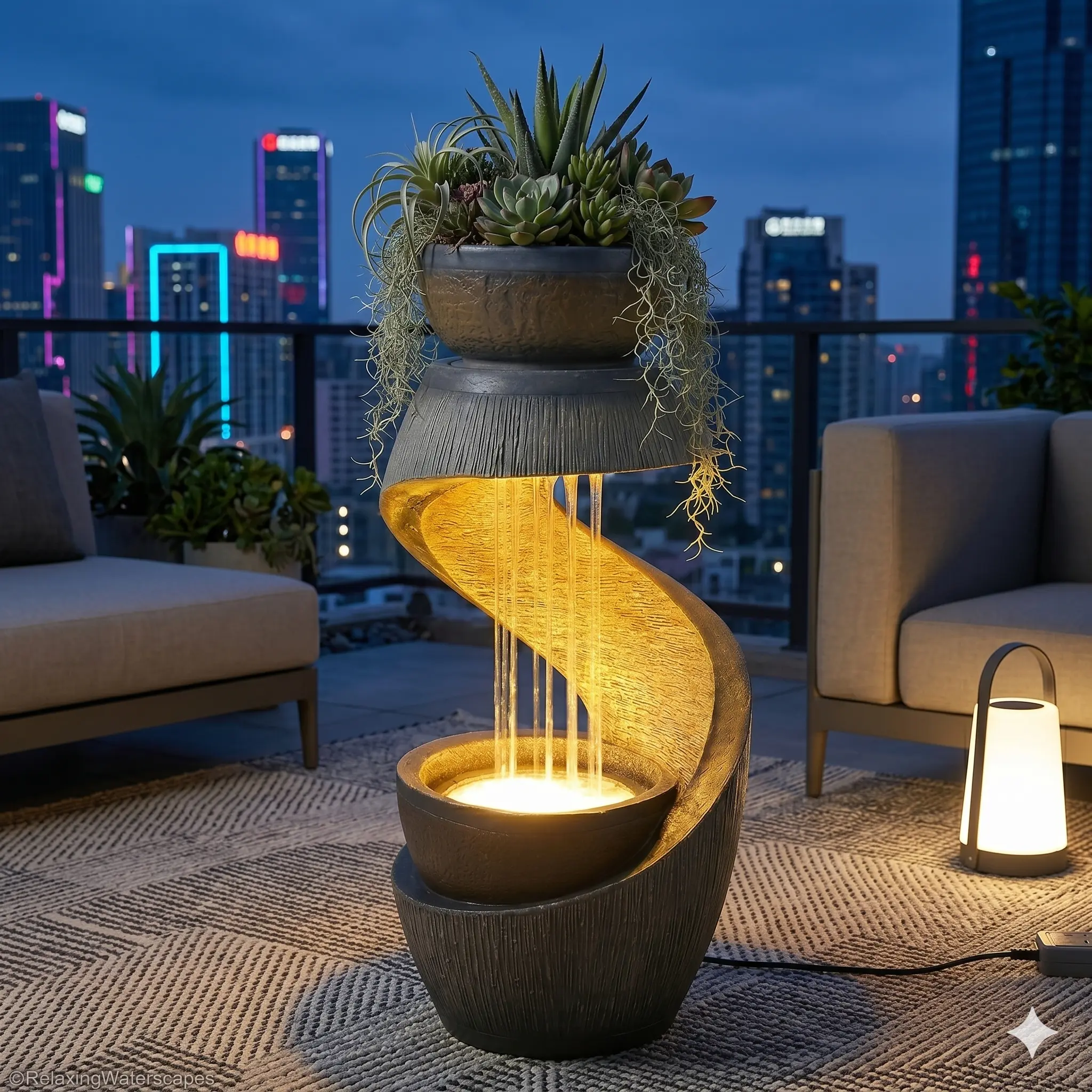 Tankana Modern Cascading Waterfall Fountain - LED-Lighted Modern Garden Fountains, Indoor Waterscape Decor, Patio Statue, Hallway Furniture Accessory
