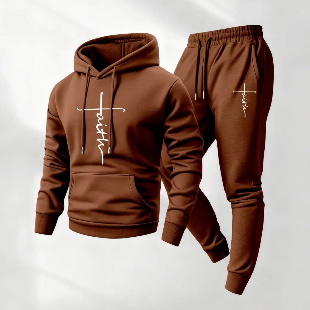Men's 2-Piece Faith Printed Athleisure Tracksuit - Male Hoodie Jacket with Long Sleeves, Drawstring Sweatpants, Fall Winter Casual Daily Wear, Machine Washable Indoor Outdoor Sportswear, Loose-Fitting, Sporty Chic Mensfashion, Hoodie/Jumper