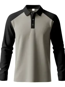 Men's Colorblock Shoulder Insert Long Sleeve Polo Shirt, Olive Contrast Collar Top, Casual Sporty Commuter Wear