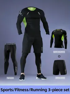 Men's 3-Piece Sports Set, Breathable Mesh Long Sleeve Top, Quick-Dry Tight Pants & Reflective Shorts, High Elasticity Running Gear, Activewear Running Outfits