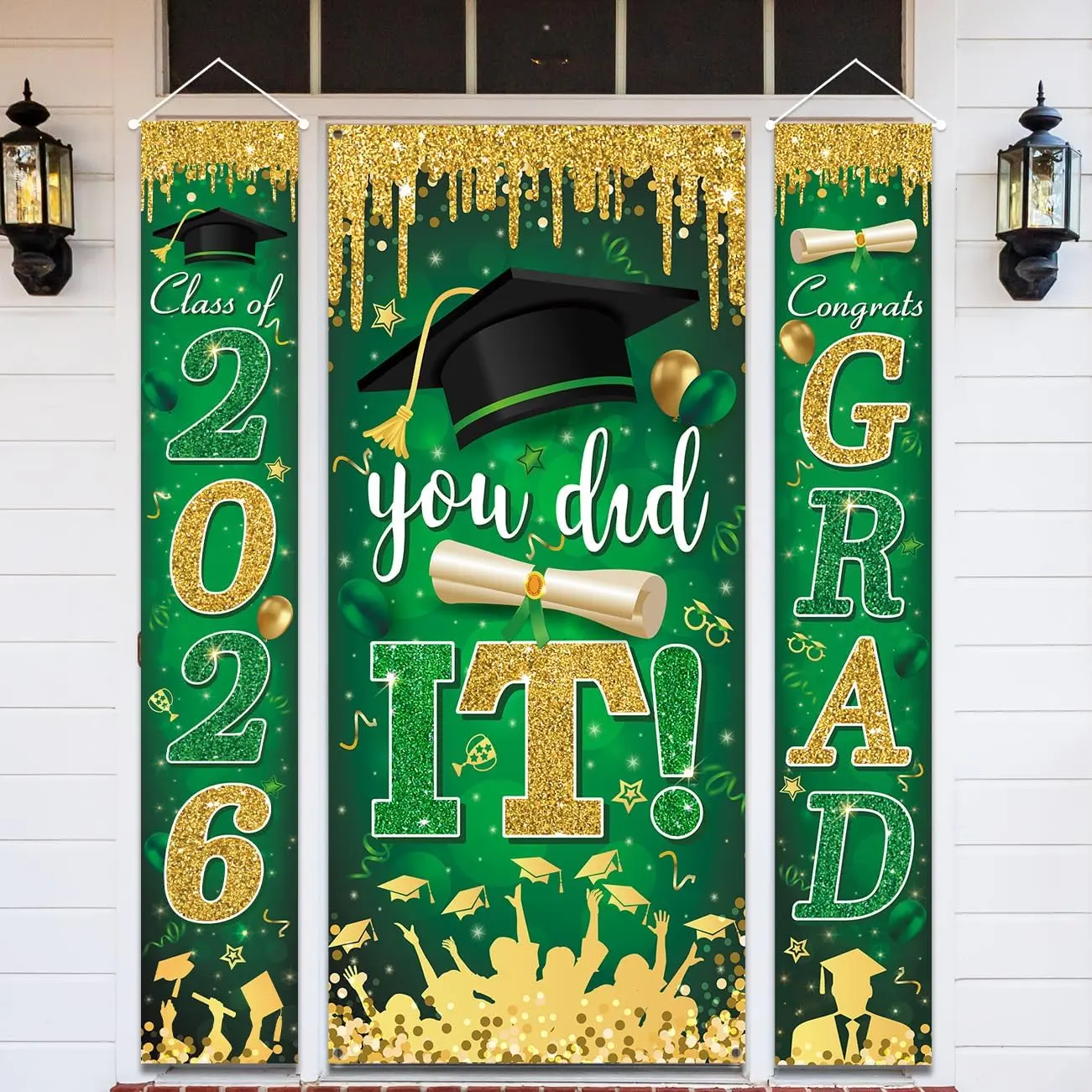 Green and Gold Graduation Decorations Class of 2026 Congrats Grad Banner and You Did It Door Cover for High School College Graduation Party Supplies