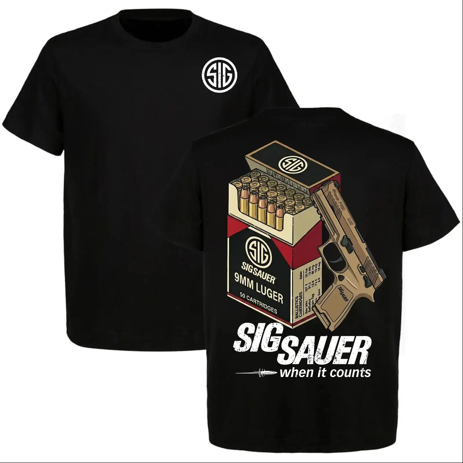 SIG Sauer 9mm Ammo Box & Gun Graphic T-shirt, Classic Gun Lovers Tee, Tactical Style, Full Size, Full Color # StreetwearTshirt # OversizedTee # UnisexTshirt