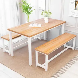DKLGG Dining Table Set for 4 Kitchen Table Set with 2 Dining Benches, 3 Piece Farmhouse Dining Room Table Set Industrial Breakfast Nook Table Set for Small Space, Apartment, Walnut Living Room Furniture Wood Set
