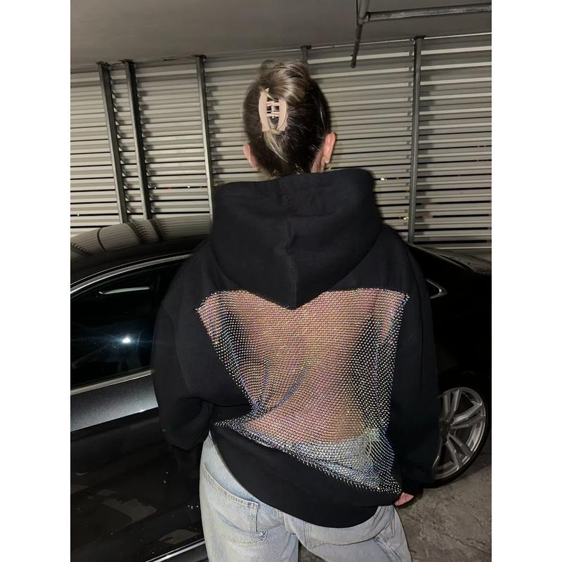 Women's Black Hoodie Open Back Mesh Cutout Edgy Streetwear Casual Party Night Comfortable Relaxed Fit Fashion Trendy Chic Top Sweatshirts Long Sleeve Floral Womenswear
