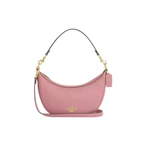 COACH Aria 26 Pebbled Leather Crescent Bag with Gold-Tone Hardware and Zipper Closure in Gold and Pink for Women