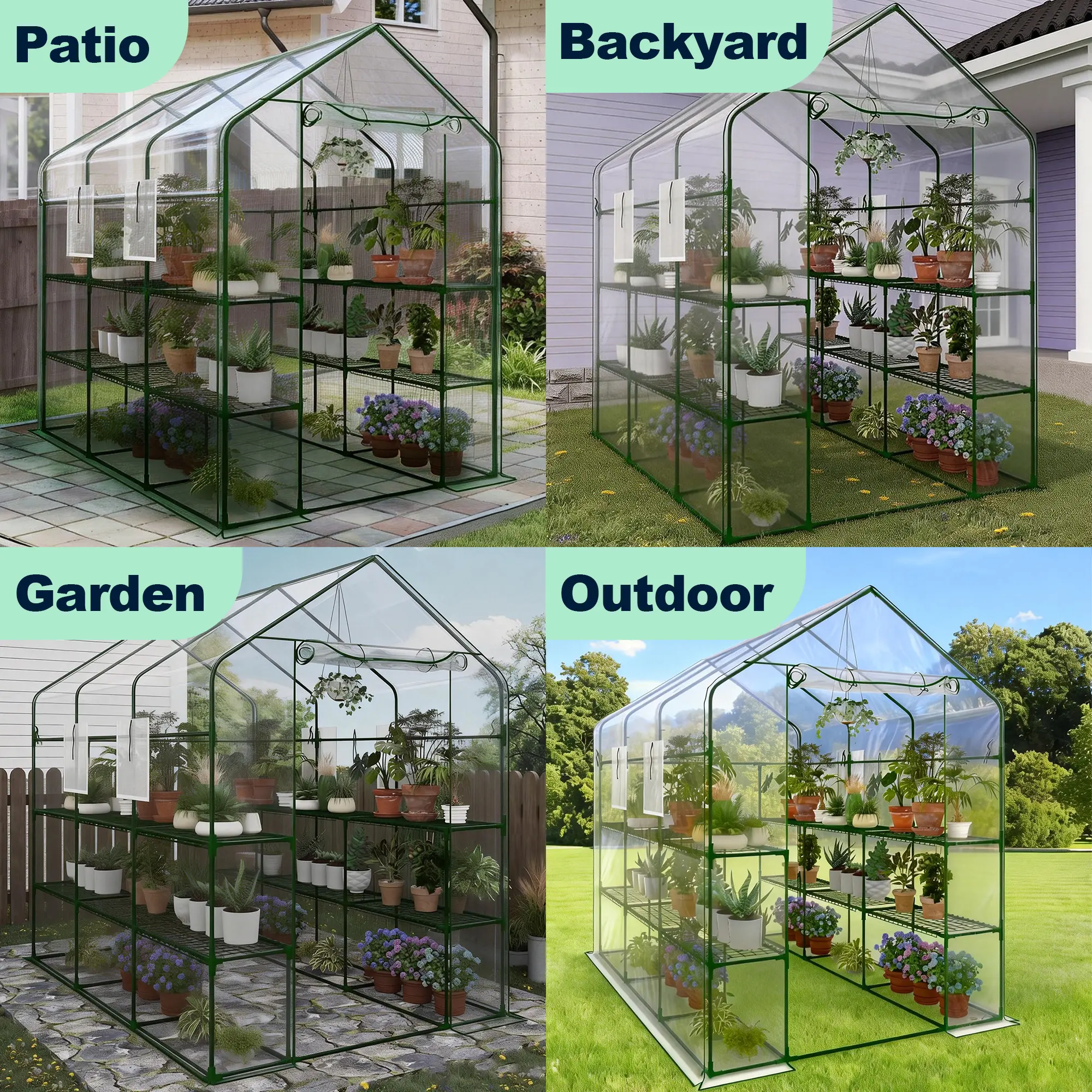 Garvee Heavy-Duty Walk-In Outdoor Greenhouse, 57x85x77 in Portable Plant Grow Tent, 3-Tier 8-Shelf, UV-Resistant Weatherproof PE Cover, Mesh Windows, Roll-Up Zipper Door