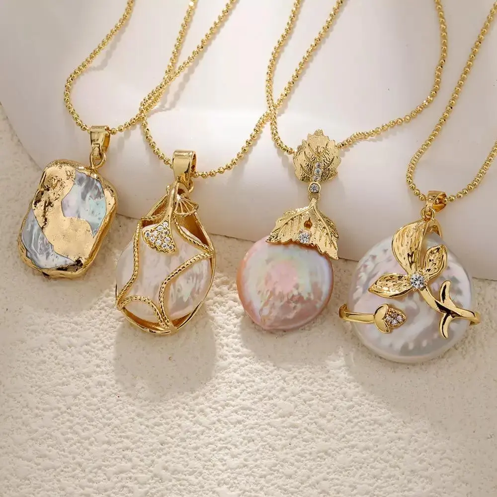 Handcrafted Gold Plated Baroque Pearl Pendant Necklace, Nature Floral Design