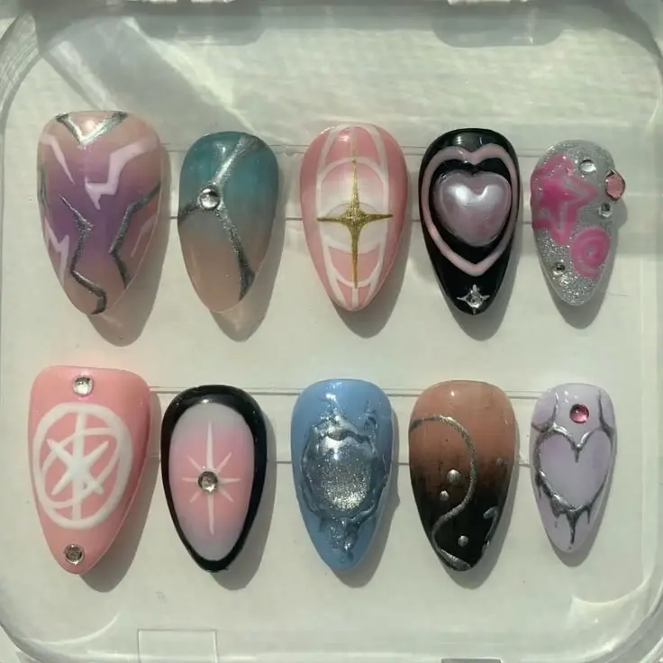 AKATSEYEr Inspired Press On Nails Handmade Kpop Y2K Cyberpunk 3D Heart Gradient Almond Reusable Fake Nails | FREE Adhesive Tabs FREE Nail File FREE Cuticle Stick
