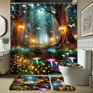 Forest Night Scene Shower Curtain Set with Rug, Non-Slip Bath Mat, U-Shaped Toilet Lid Cover, Bathroom Decor with Hooks, Bathroom Decoration Accessories