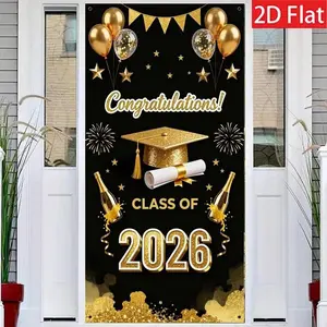 Graduation Door Curtain Flag Decoration, Bachelor Hat and Balloon Pattern, Durable Polyester Fiber, 90x180 Cm, Party Home Decor