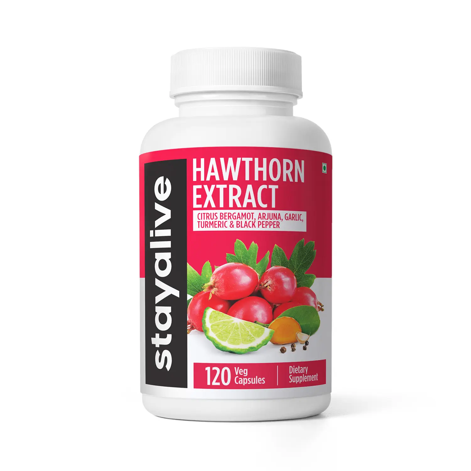 STAY ALIVE Hawthorn Berry Capsules, 20:1 Extract with Citrus Bergamot, Turmeric & Garlic, 120 Pills, Vegan, Non-GMO & Gluten-Free Hawthorne Supplement