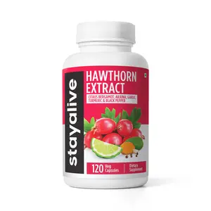 STAY ALIVE Hawthorn Berry Capsules, 20:1 Extract with Citrus Bergamot, Turmeric & Garlic, 120 Pills, Vegan, Non-GMO & Gluten-Free Hawthorne Supplement