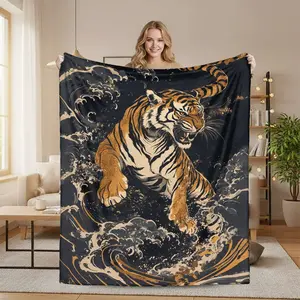 Traditional Tiger Art Throw Blanket - Asian Style Tiger & Waves Design, Animal Artwork, Art Graphic, Statement Decorative Room Decor Blanket, Animal Artwork Blankets, Art Graphic Blankets