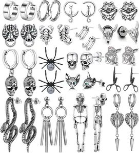 18 Pairs Stainless Steel Y2K Punk Hoop Dangle Earrings for Men, Frog Snake Spider Skull Heads etc Huggie Hoop Long Chain Piercing Hoop Earrings Set for Women and Men