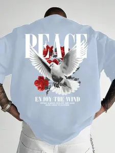 【Plus Size】 Letter & Dove Print Round Neck Tee, Regular Fit Casual Fashion Short Sleeve T-shirt for Summer, Men's Plus Size Clothes for Daily Wear, To Sweatshirt, Hoodie, Comfort Colors