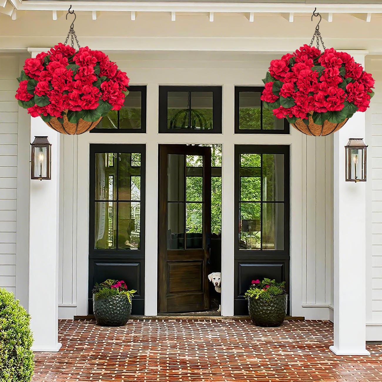 2pcs Artificial Geraniums with Hanging Baskets, 12 Bundles UV Resistant Artificial Outdoor Plants, Fake Red Flowers for Spring Front Porch Home Patio Balcony Yard Decor