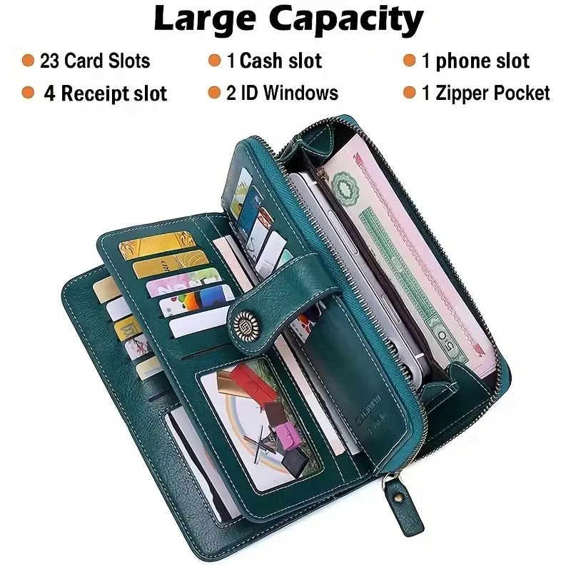 Women's RFID Blocking Wallet, Large Capacity Long Wristlet Design, Vintage Multi-Card Holder, Travel Daily Use, Durable Polyester Material