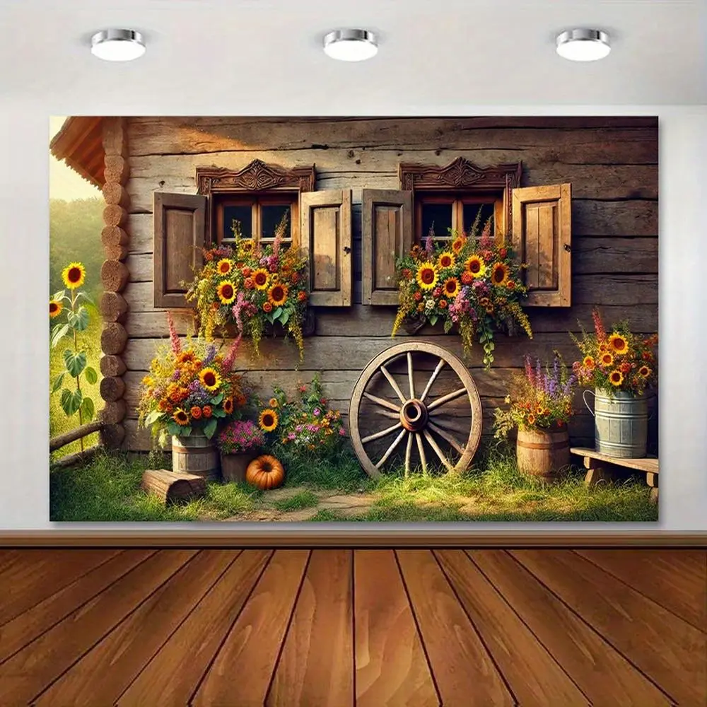 Polyester Rural Scene Backdrop Banner - With Sunflowers, Wheat, Country Buildings, Ideal for Birthday Party, Garden Gatherings