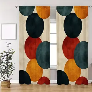 Vintage Geometric Round Print Curtains, Fashionable Rod Pocket Window Drapes for Bedroom and Living Room, Easy Installation