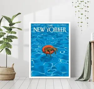 The New Yorker Print Blue Magazine Cover Dog in Pool Vintage Illustration Trendy Fashion Retro Room Wall Art Poster Modern