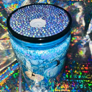 16oz Premade Blue Fall Paint Cup with Glitter Design for Fall Decor and Drinkware - Bottle