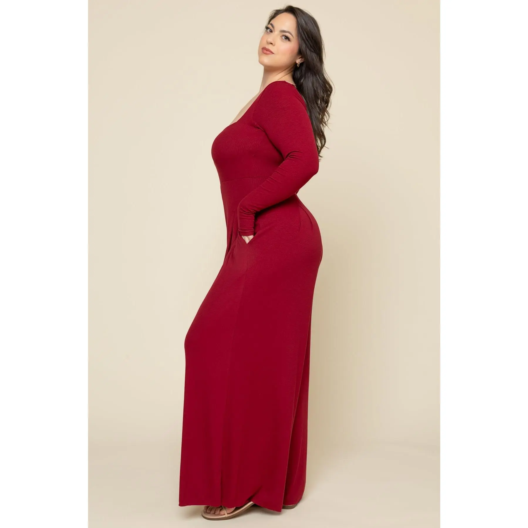 Go With The Flow Long Sleeve Jumpsuit - Deep Cherry