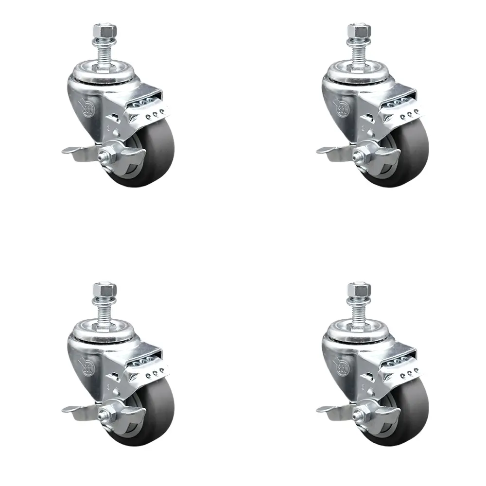 Service Caster SCC-TS20S314-TPRB-TLB-M1015-4 Metric Threaded Stem Swivel Casters (Set of 4) with Top Lock Brakes, 3"x1.25" Gray Thermoplastic Rubber Wheels, 10mm Stems, 840 lbs Total Capacity for Shop Carts, Equipment